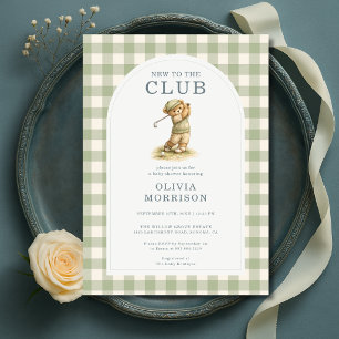 New To The Club Golf Bear Gingham Baby Shower Invitation