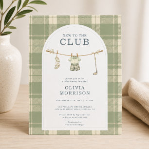New To The Club Golf Plaid Clothesline Baby Shower Invitation