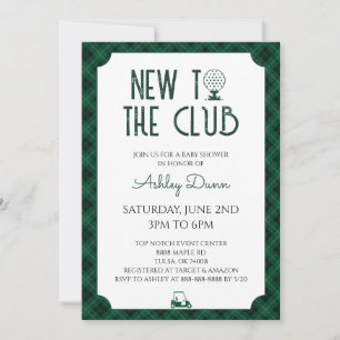 New To The Club Green Gingham Golf Baby Shower Invitation