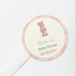 New to the Club Pink Golfing Bear Baby Shower  Classic Round Sticker