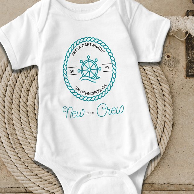 New to the Crew Nautical Teal Ship Wheel Custom Baby Bodysuit (Creator Uploaded)