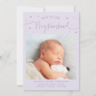 New To The Neighbourhood Lilac Photo Birth Announcement