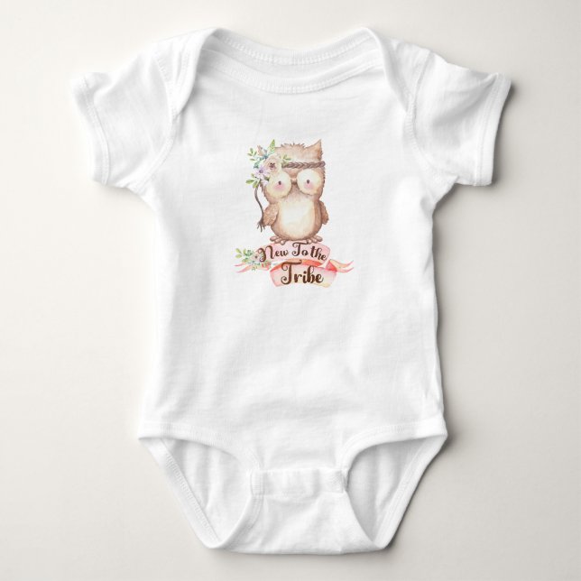 New To The Tribe Baby Clothes, Boho Owl Bodysuit (Front)