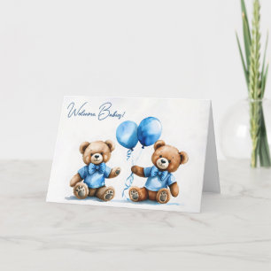 New Twin Boy Teddy Bears With Blue Balloons Card