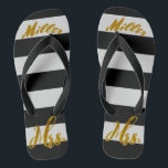 New Wife New Bride Mrs. Personalised Jandals<br><div class="desc">Personalised New Wife New Bride Mrs. Metallic Gold Foil Text on Black and White Stripes Beach Bride Sandals</div>