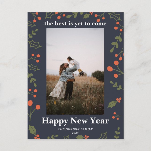 New Year 1 Photo Botanical Holiday Holly Modern Postcard (Front)