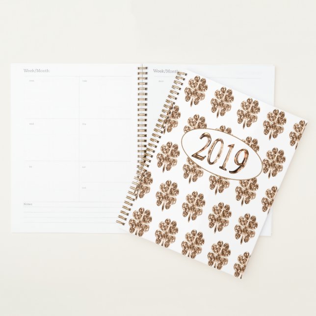 New Year 2019 Gold and White Four Leaf Clovers Planner (Display)