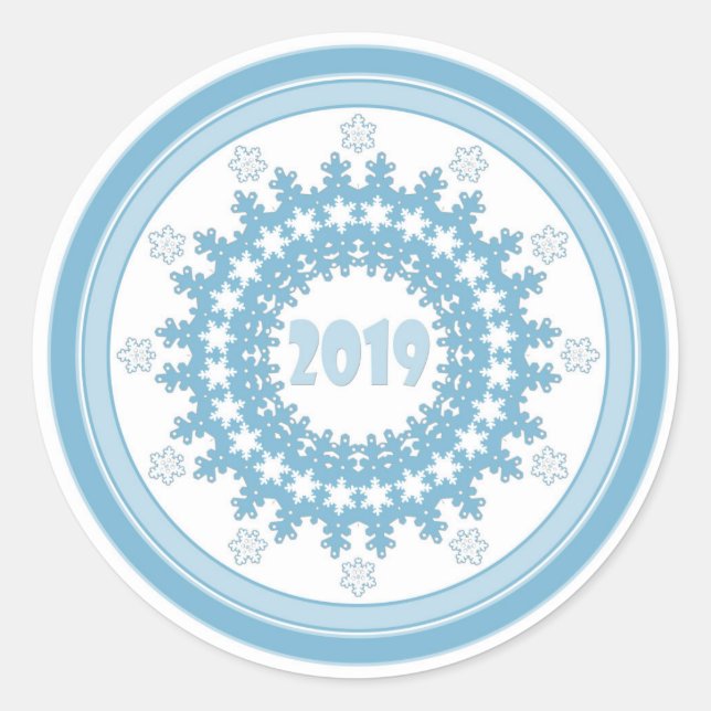 New Year 2019 round frame snowflake blue white Classic Round Sticker (Front)