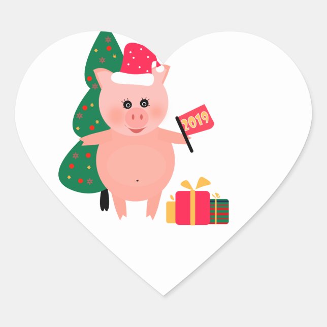 New Year 2019 symbol fun cartoon pig Heart Sticker (Front)