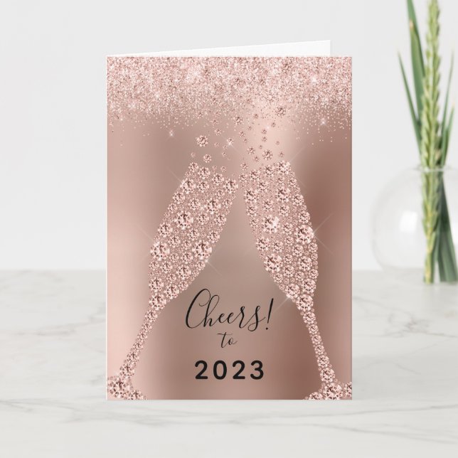 New Year 2023 Rose Gold Metallic Glitter Holiday Card (Front)