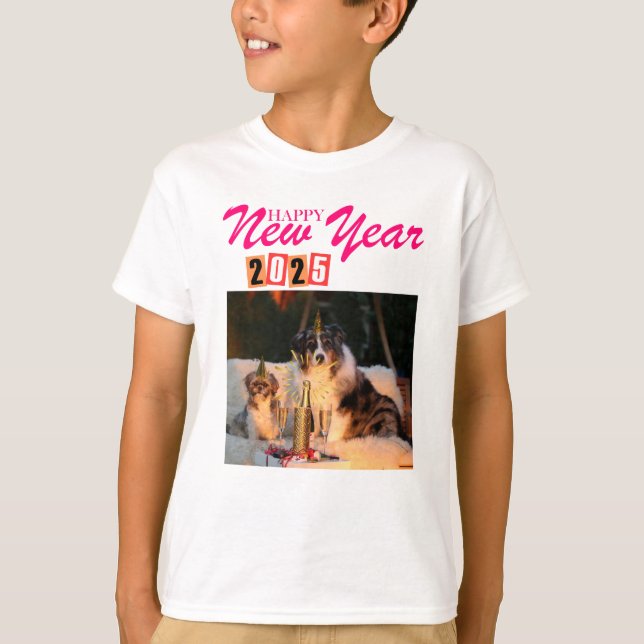 "New Year 2025 kids T-Shirt – Festive Dog Party (Front)