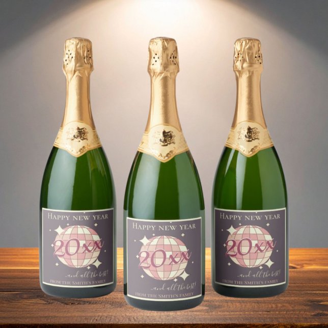 New year 2025 pink purple retro party sparkling wine label (Creator Uploaded)