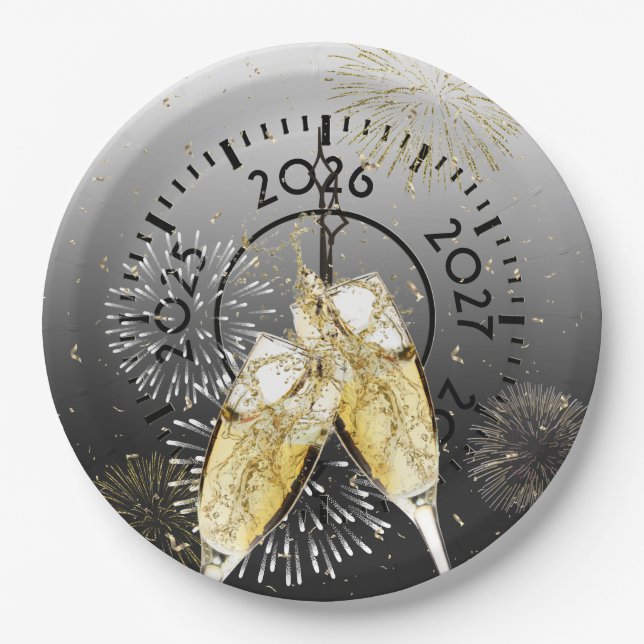 New Year 2026 Champagne Toast and Fireworks Paper Plate (Front)