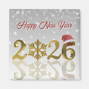 New Year 2026 Golden with Snowflake and Santa Hat Magnet