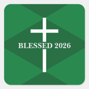 New Year 2026 Green and White Cross Christian Square Sticker