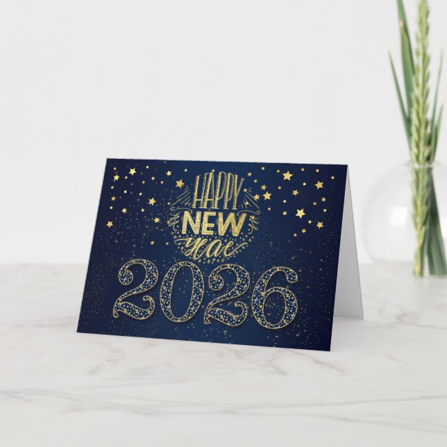 New Year 2026 Navy Blue and Gold Stars Holiday Card (Front)