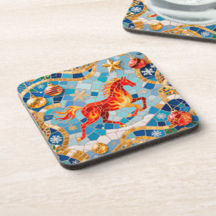 New Year 2026 Red Fiery Horse Christmas Pattern Coaster