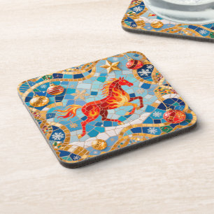 New Year 2026 Red Fiery Horse Christmas Pattern Coaster