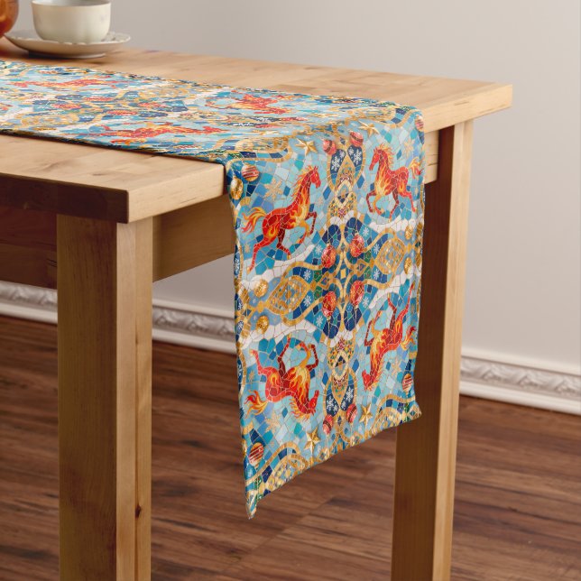 New Year 2026 Red Fiery Horse Christmas Pattern Long Table Runner (In Situ)