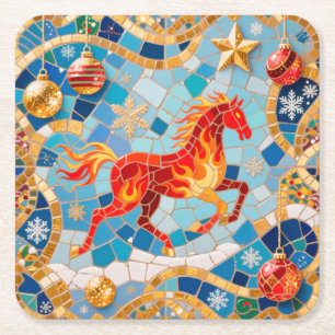 New Year 2026 Red Fiery Horse Christmas Pattern Square Paper Coaster
