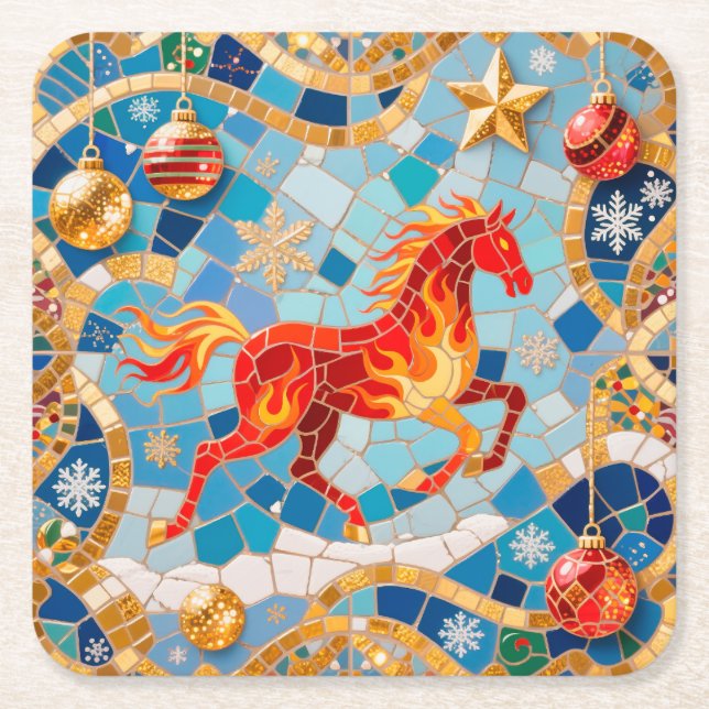 New Year 2026 Red Fiery Horse Christmas Pattern Square Paper Coaster (Front)