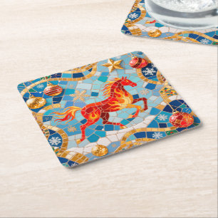 New Year 2026 Red Fiery Horse Christmas Pattern Square Paper Coaster