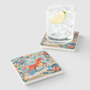 New Year 2026 Red Fiery Horse Christmas Pattern Stone Coaster