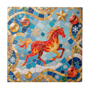 New Year 2026 Red Fiery Horse Christmas Pattern Tile