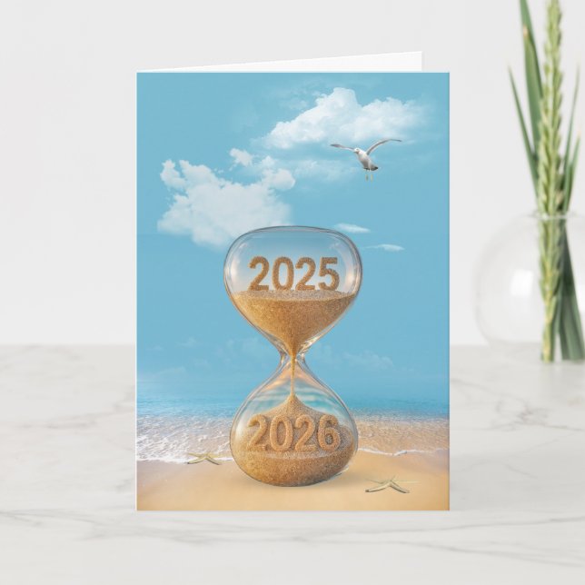 New Year 2026 Sand Timer On the Beach Holiday Card (Front)