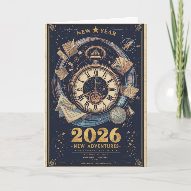 New Year 2026 Time Travel Vintage Greeting Card (Front)
