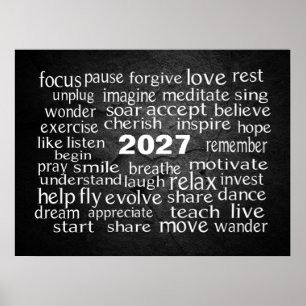 New Year 2026 Word Cloud On Black Rock Poster