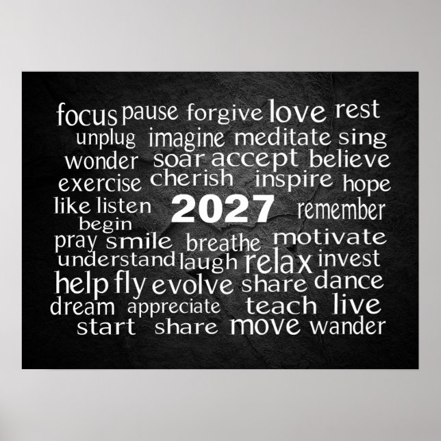 New Year 2026 Word Cloud On Black Rock Poster (Front)