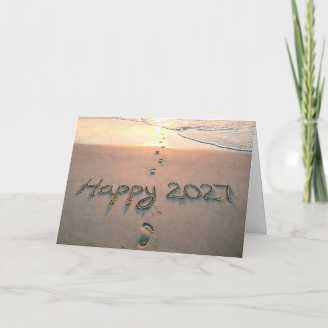 New Year 2027 Beach Footprints Holiday Card (Front)