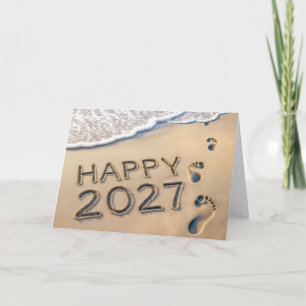 New Year 2027 Beach Footprints Holiday Card