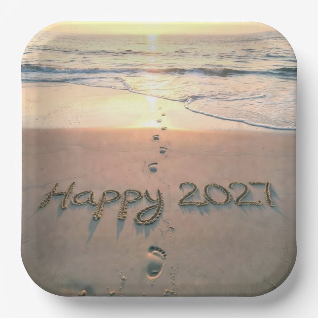 New Year 2027 Beach Footprints Paper Plate (Front)