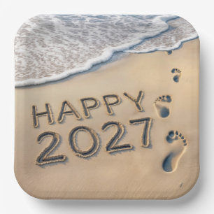 New Year 2027 Beach Footprints Paper Plate