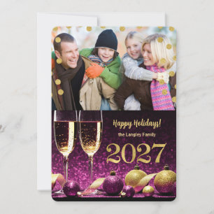 New Year 2027 Purple and Gold Champagne Photo Holiday Card