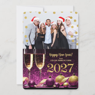 New Year 2027 Purple Gold Champagne Business Photo Holiday Card