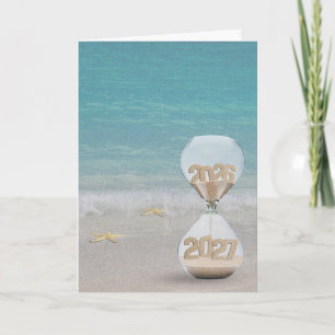New Year 2027 Sand Timer on Beach Card
