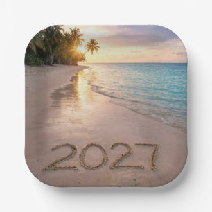New Year 2027 Tropical Beach Paper Plate