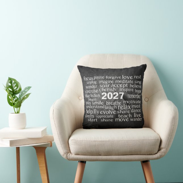 New Year 2027 Word Cloud On Black Rock Cushion (Chair)