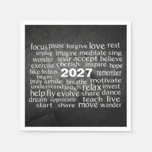 New Year 2027 Word Cloud On Black Rock Napkin