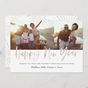 New year 2 photo modern silver script elegant holiday card