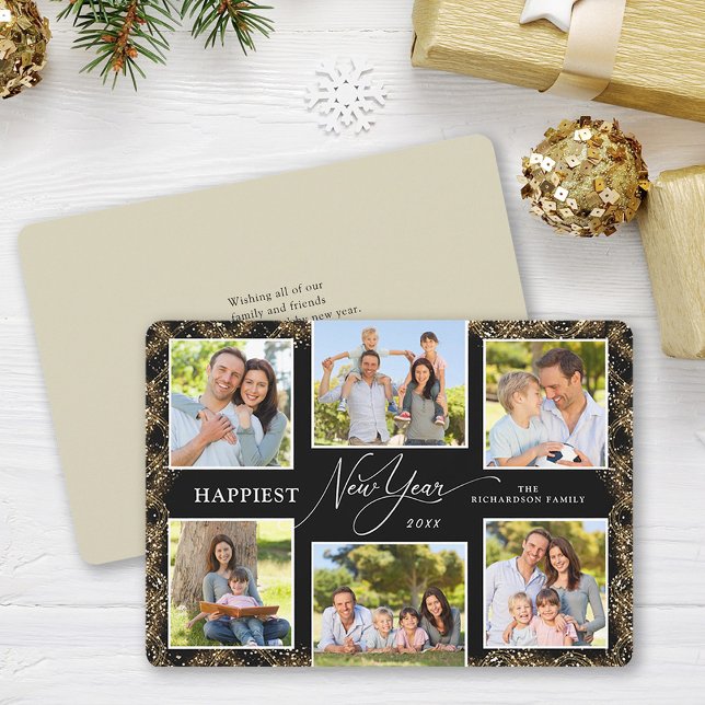 New Year 6 Photos Message Faux Glitter Holiday Card (Creator Uploaded)