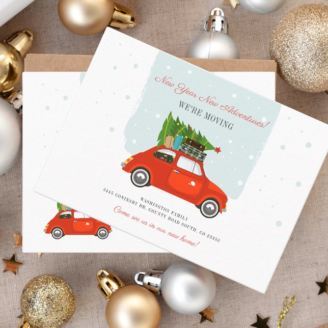 New Year Adventure Moving Announcement Card (Modern Moving Announcement Red Card with Tree New Year Moving Announcement)