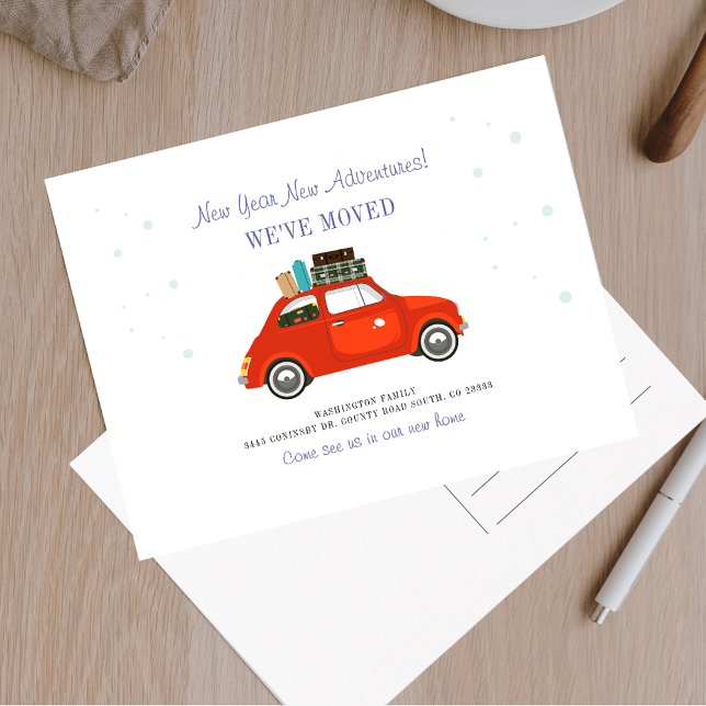 New Year Adventures New Address Moving Announcement Postcard (New Year Adventures Red Car Moving Announcement)