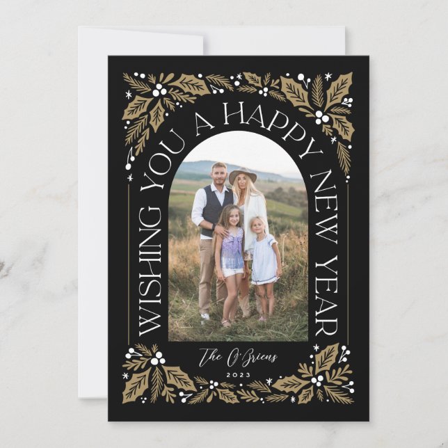 New Year Arch Berry Golden 3 Photo Collage Holiday Card (Front)