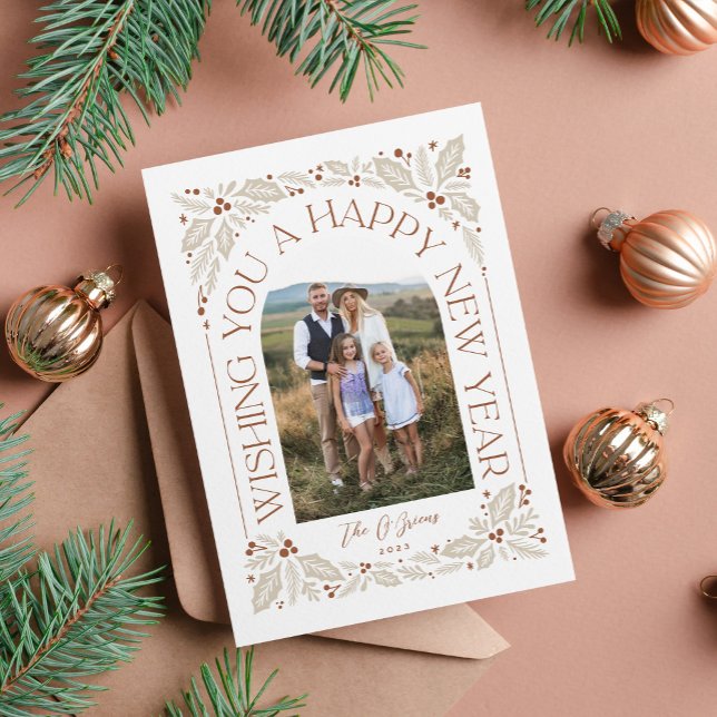 New Year Arch Berry Neutral 3 Photo Collage Holiday Card (Creator Uploaded)