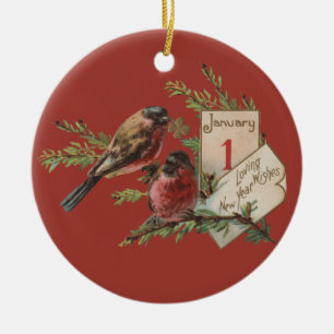 New Year Birds Antique Holiday Card Ceramic Tree Decoration