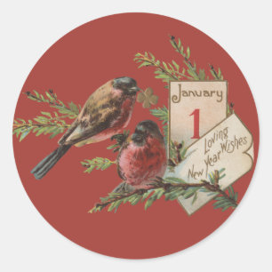 New Year Birds Antique Holiday Card Classic Round Sticker